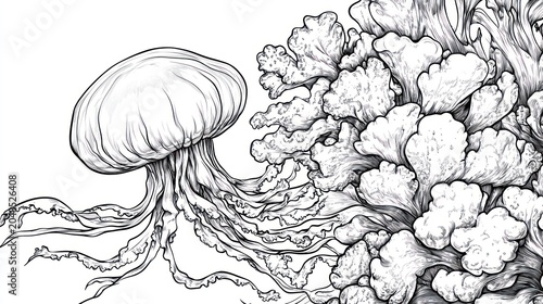 Delicate grayscale drawing featuring jellyfish and coral, detailed and intricate