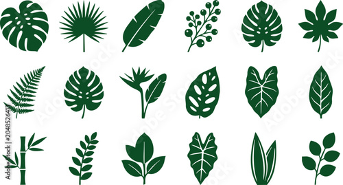 Collection of various green leaf silhouettes on isolated for design and decoration purposes