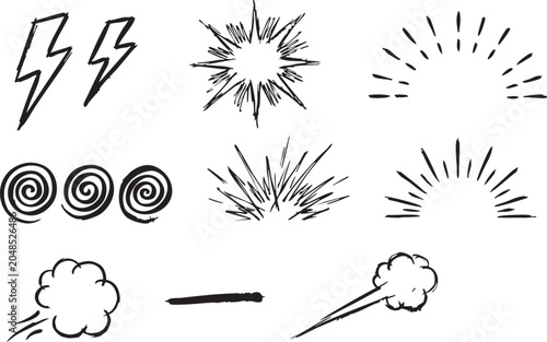 Collection of hand drawn comic book effects including lightning bolts and explosion bursts