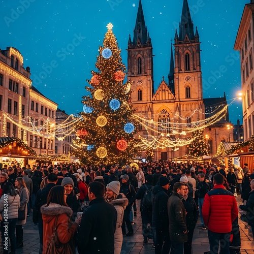 Christmas Market Scene in Front of Old Cathedral at Night.