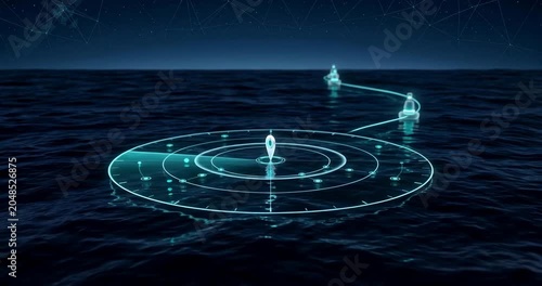 Marine radar locator above glowing ocean waves at night, smart navigation, location intelligence