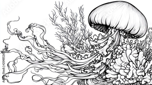 Black and white illustration of a jellyfish and seaweed in detailed line art