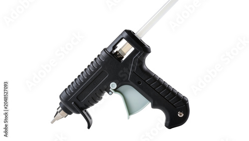 Foto Isolated black hot glue gun with clear stick, essential tool for crafting and DI