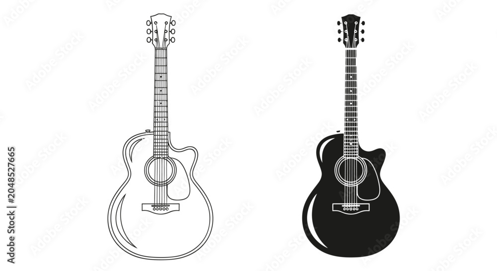 Naklejka premium Two Acoustic Guitars in contrasting white and black silhouettes with monochrome illustration.