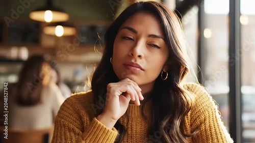 Thoughtful Woman in Cafe Contemplates Life Over Coffee, Daydreaming and Smiling.
