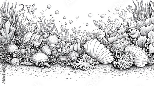 Detailed, monochrome drawing of a sea floor scene with shells, coral, seaweed, and bubbles
