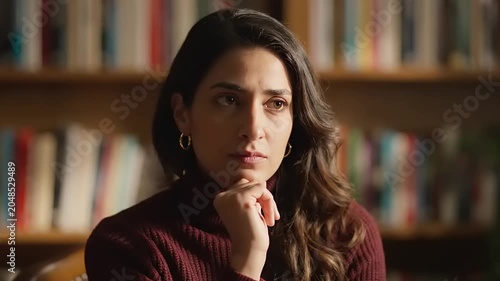 Thoughtful Woman in Library Contemplating and Considering Ideas.