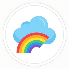 Flat vector illustration of a colorful rainbow with a blue cloud in a circle.