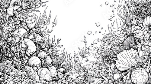 Black and white coral reef illustration with various sea plants and shell forms