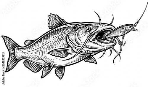 Photos Outlined catfish catching fishing lure hand drawn vector illustration