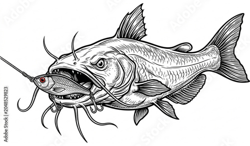 Photos Outlined catfish catching fishing lure hand drawn vector illustration