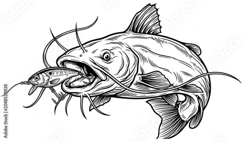 фотографія Outlined catfish catching fishing lure hand drawn vector illustration