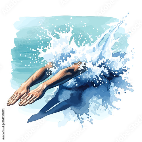 Dynamic watercolor illustration of a professional swimmer diving headfirst into splashing blue water