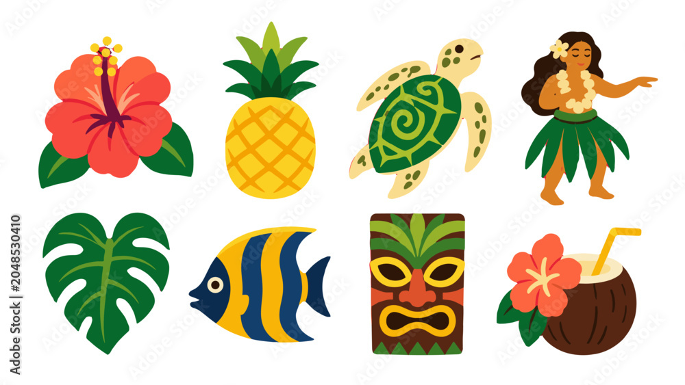 Naklejka premium Tropical island themed vector icons set with flowers and turtle