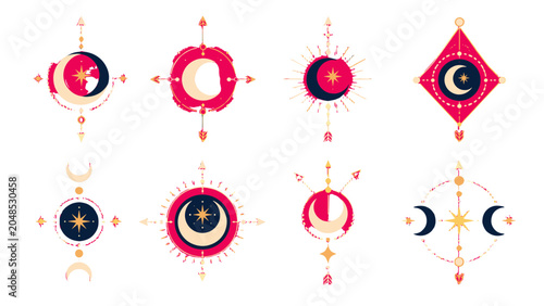 Bild auf Leinwand Set of decorative crescent moon and star celestial symbols