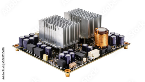 Фотография Isolated modern electronic circuit board power module with large heat sinks and componentry