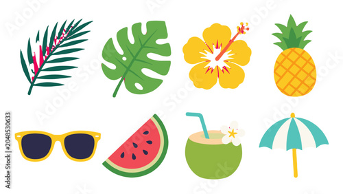 Foto Tropical summer icon set with leaves fruit and beach items