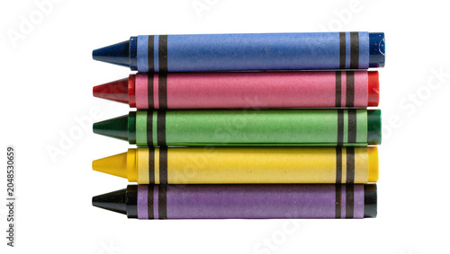 Photography Isolated vibrant colorful stack of five kids wax crayons for art, education, or