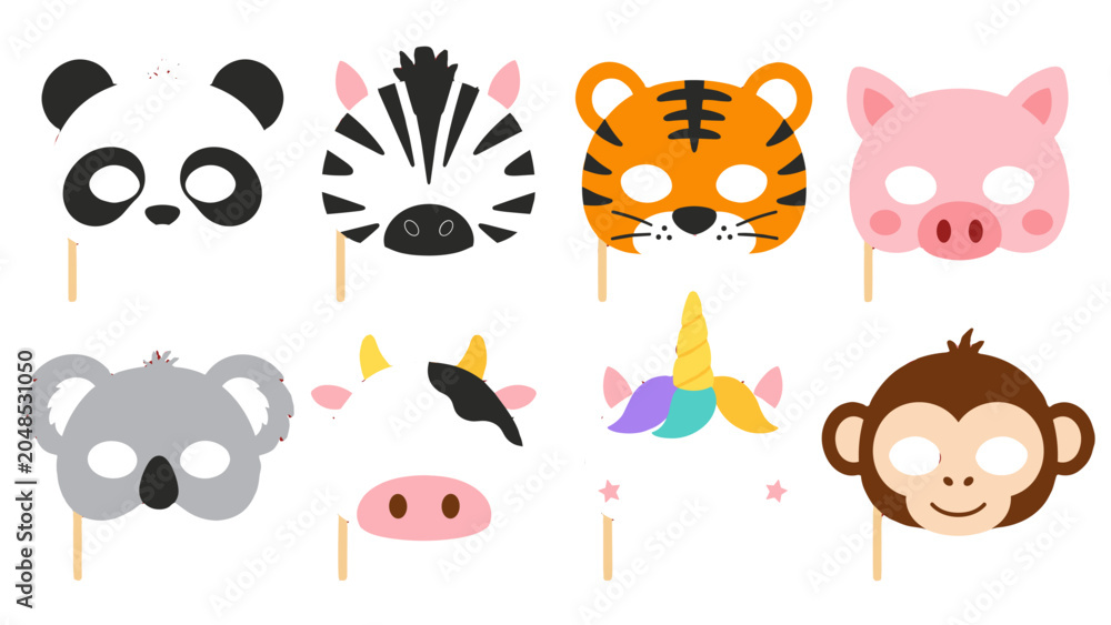 Fototapeta premium Cute animal face masks set with panda tiger pig and unicorn