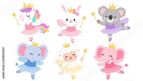 Foto Cute animal ballerina princess characters set in pastel style