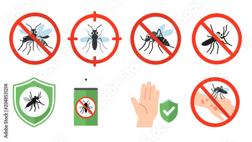 Quadro su tela Mosquito repellent and protection icons set in flat vector style