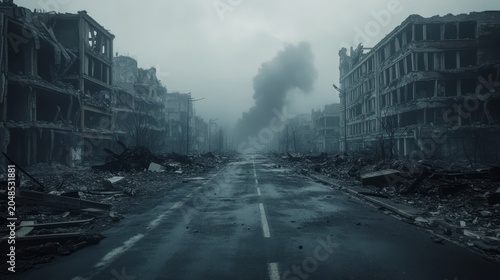 Ruined city road with collapsed buildings debris and empty streets under cloudy sky creating post apocalyptic urban disaster scene with realistic detail dramatic lighting and environmental destruction