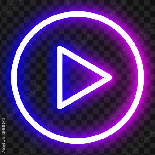 Glowing neon play button vector icon with purple and blue light on transparent background