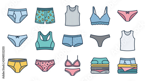 Collection of colorful women's underwear and folded lingerie set