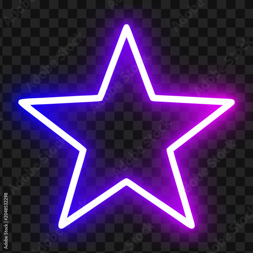 Purple neon glowing star vector sign outline on dark transparent background