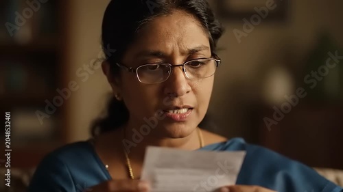 Thoughtful Woman Reading a Letter with a Concerned Expression Indoors.