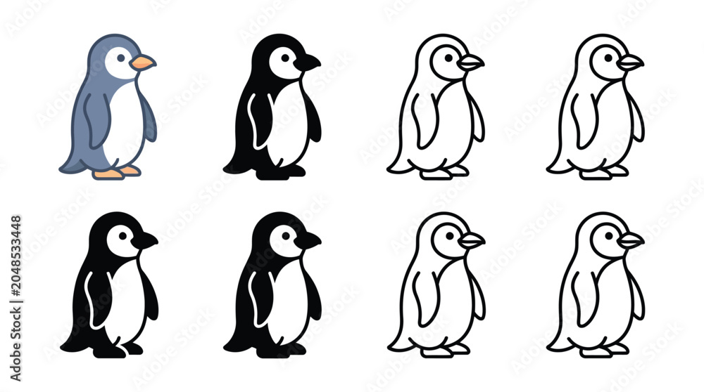 Fototapeta premium Flat vector illustration set showing cute penguin characters in various artistic styles and graphic designs