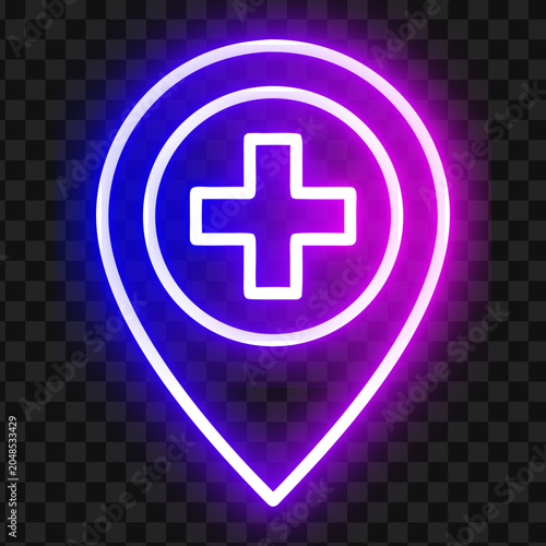 Neon glowing hospital location pin icon vector illustration