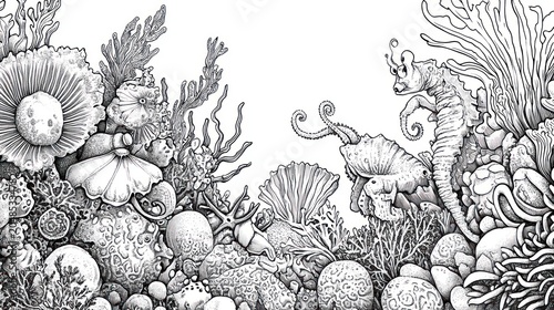 Black and white detailed illustration of a coral reef with sea creatures on white