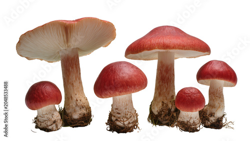 Bild auf Leinwand Isolated group of various size red cap mushrooms with visible gills and earthy b