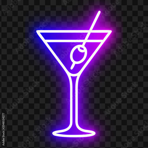 Neon martini glass icon with olive on cocktail stick vector sign