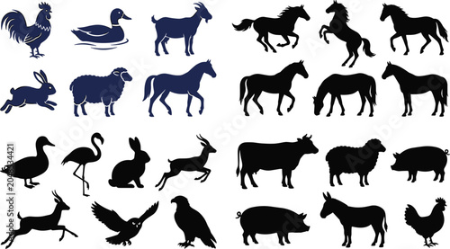 Bild auf Leinwand Set of farm animal silhouettes including cow, sheep, pig, donkey, and hen on white background image_0d22e8