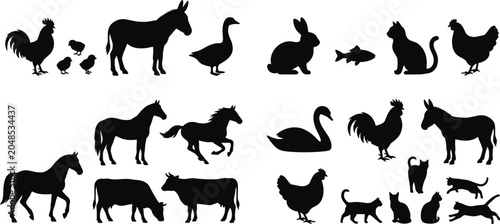 Photos Set of farm animal silhouettes including rooster, chicks, donkey, and goose on white background image_0d80e2