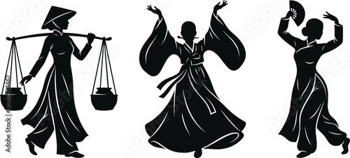 Canvas Print Traditional Asian Women Dance and Cultural Lifestyle Silhouettes Set with Folk C