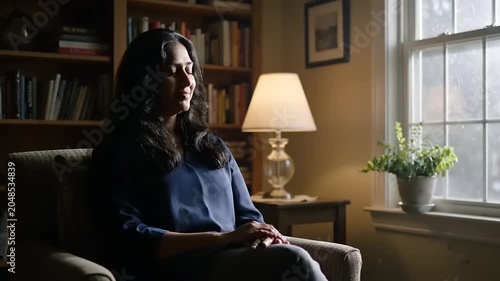 Thoughtful Woman Sitting in a Room with Lamp and Window, Contemplating Life.