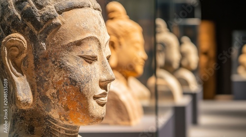 Ancient terracotta statue faces displayed in museum gallery warm light and shallow focus showing historical art archaeology cultural heritage sculpture exhibition and classical civilization collection