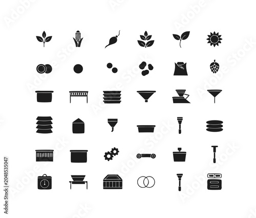 A collection of black and white icons representing various business and industrial concepts