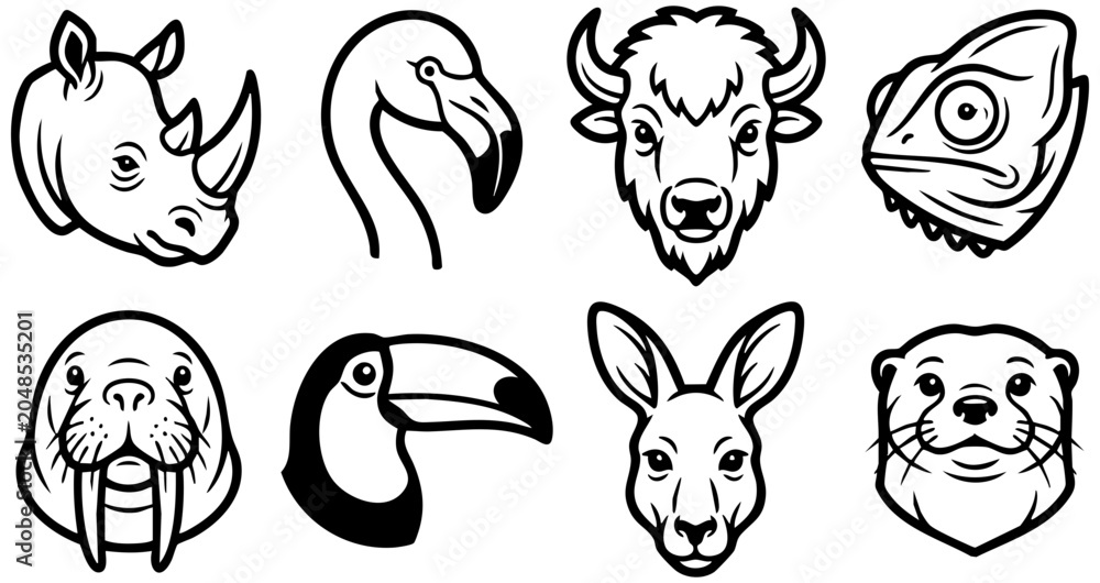 Obraz premium Minimalist vector graphic set featuring stylized animal heads rendered in clean black and white line art