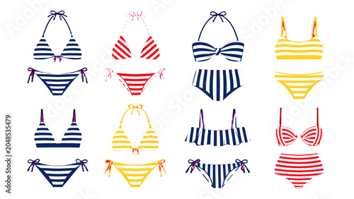 Billede på lærred Striped bikini and swimsuit set collection in flat vector style