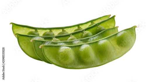 Foto Isolated fresh vibrant green pea pods, one partially open revealing sweet peas i