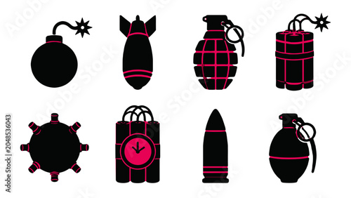 Fotografie Black explosive device and ammunition icon set on white