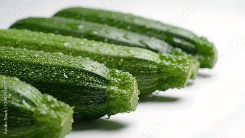 Fresh cucumbers with water droplets on a white surface