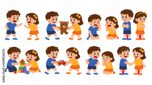 Foto Cartoon children sharing toys, arguing, crying, and making up