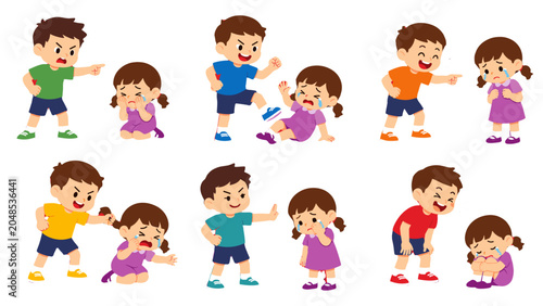 Foto Cartoon boy bullying crying girl in multiple scenes set