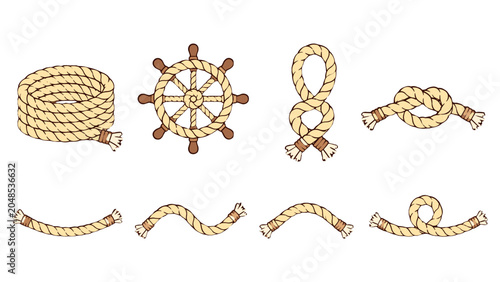 Fotografía Set of nautical rope knots and ship wheel vector elements