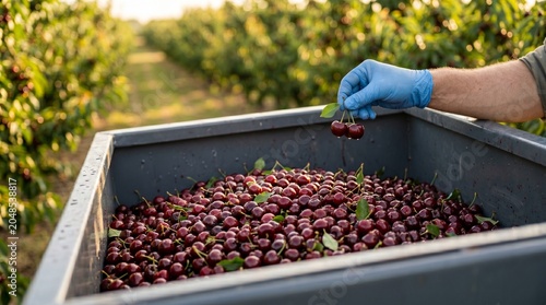 Bulk Harvest Cherry Bin being filled by gloved hands during commercial agricultural operations. Useful for large scale farming industry news and agribusiness logistics reports.